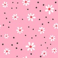 Cute seamless pattern with abstract flowers and round spots. Girly floral print.