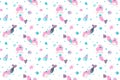 Cute seamless pattern of amazing lovely girls mermaids with bubbles, seashells, fishes and starfish. Cartoon magical underwater wo