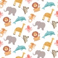 Cute seamless pattern with animals: elephant, giraffe, lion, monkey, koala, dolphin and octopus Royalty Free Stock Photo