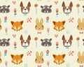 Cute seamless pattern with animals and flowers