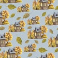 A cute seamless pattern with autumn leaves and cute house. Royalty Free Stock Photo