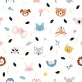 Cute seamless pattern with cute baby animals and flowers on a white background, for children s birthday, party, baby shower. Royalty Free Stock Photo