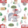 Cute watercolor elephant seamless pattern for Baby Shower with mouse and fire car. Beauty illustration for kids textile, card. Royalty Free Stock Photo