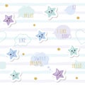 Cute seamless pattern background with cartoon kawaii stars and speech bubbles. For little boys babies clothes, pajamas, baby showe Royalty Free Stock Photo