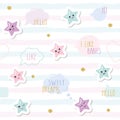 Cute seamless pattern background with cartoon kawaii stars and speech bubbles. For little girls babies clothes, pajamas Royalty Free Stock Photo