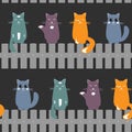Cute seamless pattern background with cats seating on the fence. Vector illustration