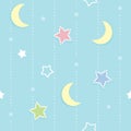 Cute seamless pattern background with colorful dotted and outlined stars and crescent moon.