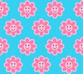 Cute seamless pattern background with smiling daisy flower in pink color on bright blue backdrop. Vector illustration Royalty Free Stock Photo