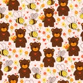 Cute seamless pattern with bears, bees, flowers and hearts. Royalty Free Stock Photo