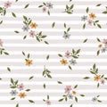 Cute Seamless pattern with beautiful flower on striped brush stroke background