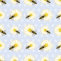Cute seamless pattern with bees and daisy flowers on purple polka dots background
