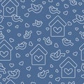 Seamless pattern with birds, birdhouses and hearts