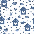 Seamless pattern with birds, birdhouses and hearts