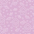 Seamless pattern with birds, birdhouses and hearts