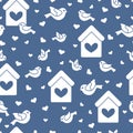 Seamless pattern with birds, birdhouses and hearts