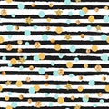 Cute seamless pattern with blue and golden circles and stars, black and white stripes