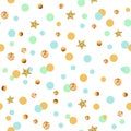 Cute seamless pattern with blue, mint and golden circles and stars.