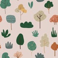 Cute seamless pattern with boho trees and bushes. Bohemian style for nursery. Nature concept. Vector illustration