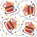 Cute seamless pattern with bright cupcakes and colorful dots.