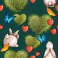 Cute seamless pattern with bunnies and a bush in the shape of a heart. Summer with butterflies on green background Royalty Free Stock Photo