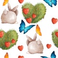 Cute seamless pattern with bunnies and a bush in the shape of a heart. Summer bright with colorful butterflies.