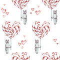 Cute seamless pattern with bunnies rabbits and sweet candies in the shape of a heart. Watercolor illustration for design cards,