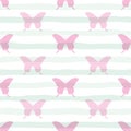 Cute seamless pattern with butterflies on stripped background.