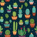 Cute seamless pattern with cacti in pots. Vector illustration