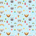 Cute seamless pattern with cartoon animals. Happy Birthday theme. Sweet background for children Royalty Free Stock Photo
