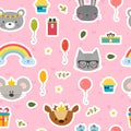 Cute seamless pattern with cartoon animals. Sweet background for children. Happy Birthday theme Royalty Free Stock Photo