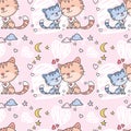 Cute seamless pattern with cartoon cats- mother and daughter Royalty Free Stock Photo