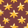 Cute seamless pattern with cartoon gold stars on chocolate color background. Stargazer. Christmas holiday wallpaper.