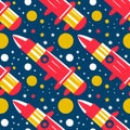 Cute seamless pattern of cartoon rockets flying in the space with shiny stars