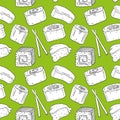 Cute seamless pattern with cartoon rolls and sushi in kawaii style. Royalty Free Stock Photo