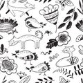 Cute seamless pattern with cat and chiken. Floral summer background with farm animals and insects.