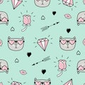 Cute seamless pattern with cat, hearts and love doodles