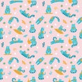 Cute Seamless Pattern with Cats in Doodle scandinavian Style. Hand Drawn Vector Illustration with pillow, plants, branches and