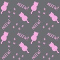 Cute seamless pattern with cats, steps and mew quote. Pink and grey colors. Doodle cartoon style. Modern abstract design Royalty Free Stock Photo