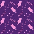 Cute seamless pattern with cats, steps and mew quote. Pink and purple colors. Doodle cartoon style. Modern abstract