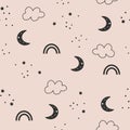 Cute seamless pattern of childish starry sky. Moon with stars in the background. Vector simple children's hand drawn Royalty Free Stock Photo