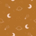 Cute seamless pattern of childish starry sky. Moon with stars in the background. Vector simple children's hand drawn Royalty Free Stock Photo