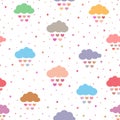 Cute seamless pattern for children. Multicolored clouds with raindrops in the form of hearts and polka dot.