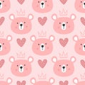 Cute seamless pattern for children. Repeated heads of bears with crowns and hearts.