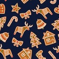 Cute Seamless pattern with Christmas gingerbread cookies - xmas tree, candy cane, bell, sock, star, house, bow, heart, deer. Cute