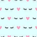 Cute seamless pattern with closed eyes and hearts. Simple girly print.