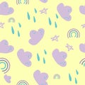 Cute seamless pattern with clouds, stars, suns and moons. Vector eps10. Royalty Free Stock Photo