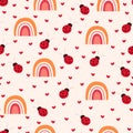 Cute seamless pattern with colorful rainbows, ladybugs and a flat Scandinavian doodle style. Vector illustration for a Royalty Free Stock Photo