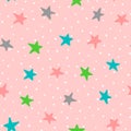 Cute seamless pattern with colorful stars and polka dots. Drawn by hand.