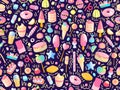 Cute seamless pattern with colorful sweets, cakes, lollipops. Cartoon seamless pattern with candy and sweet dessert. Fun