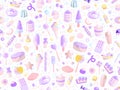 Cute seamless pattern with colorful sweets, cakes, lollipops. Cartoon seamless pattern with candy and sweet dessert. Fun